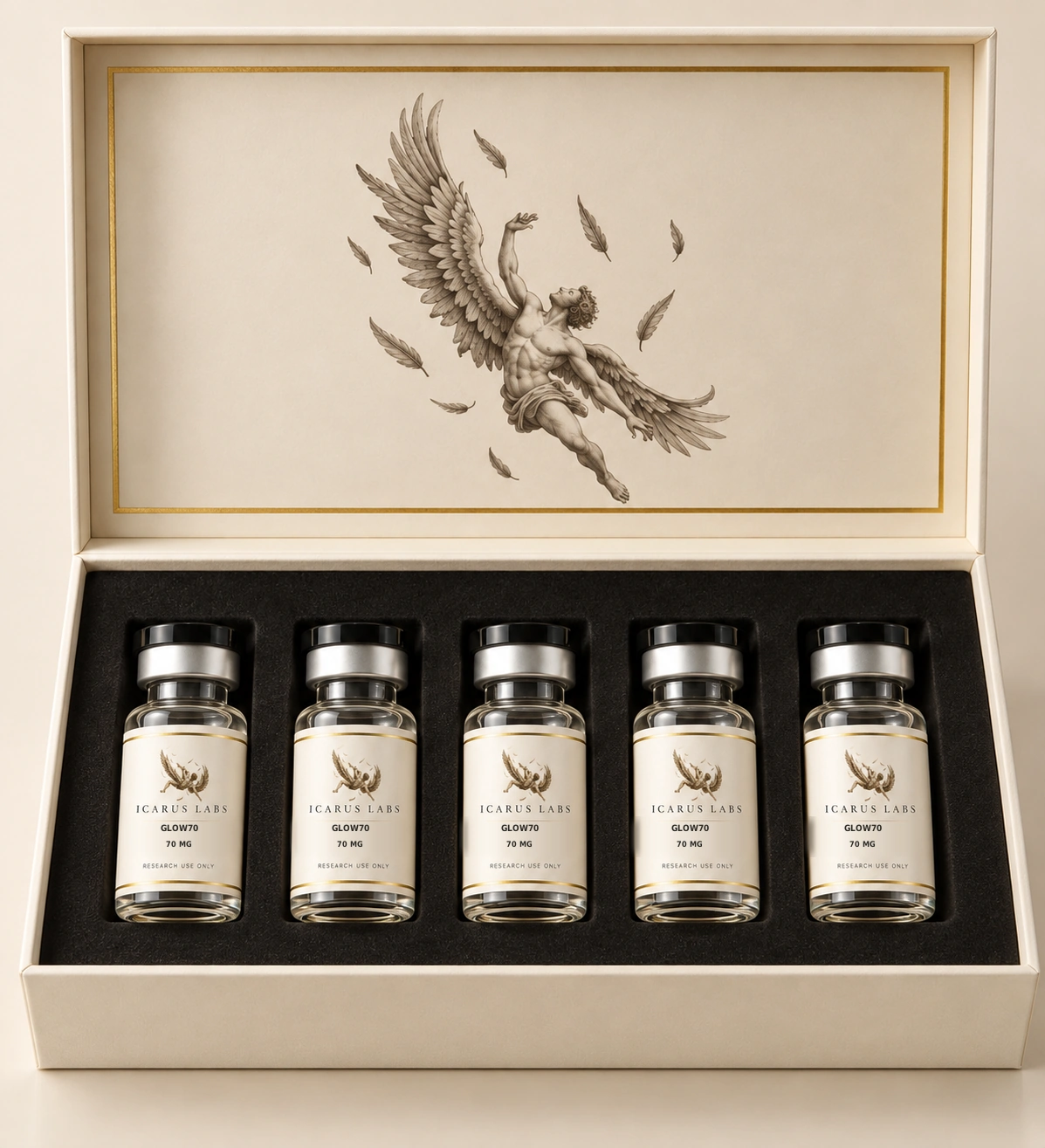 GLOW70 70 MG — open Icarus Labs magnetic presentation box holding five research vials