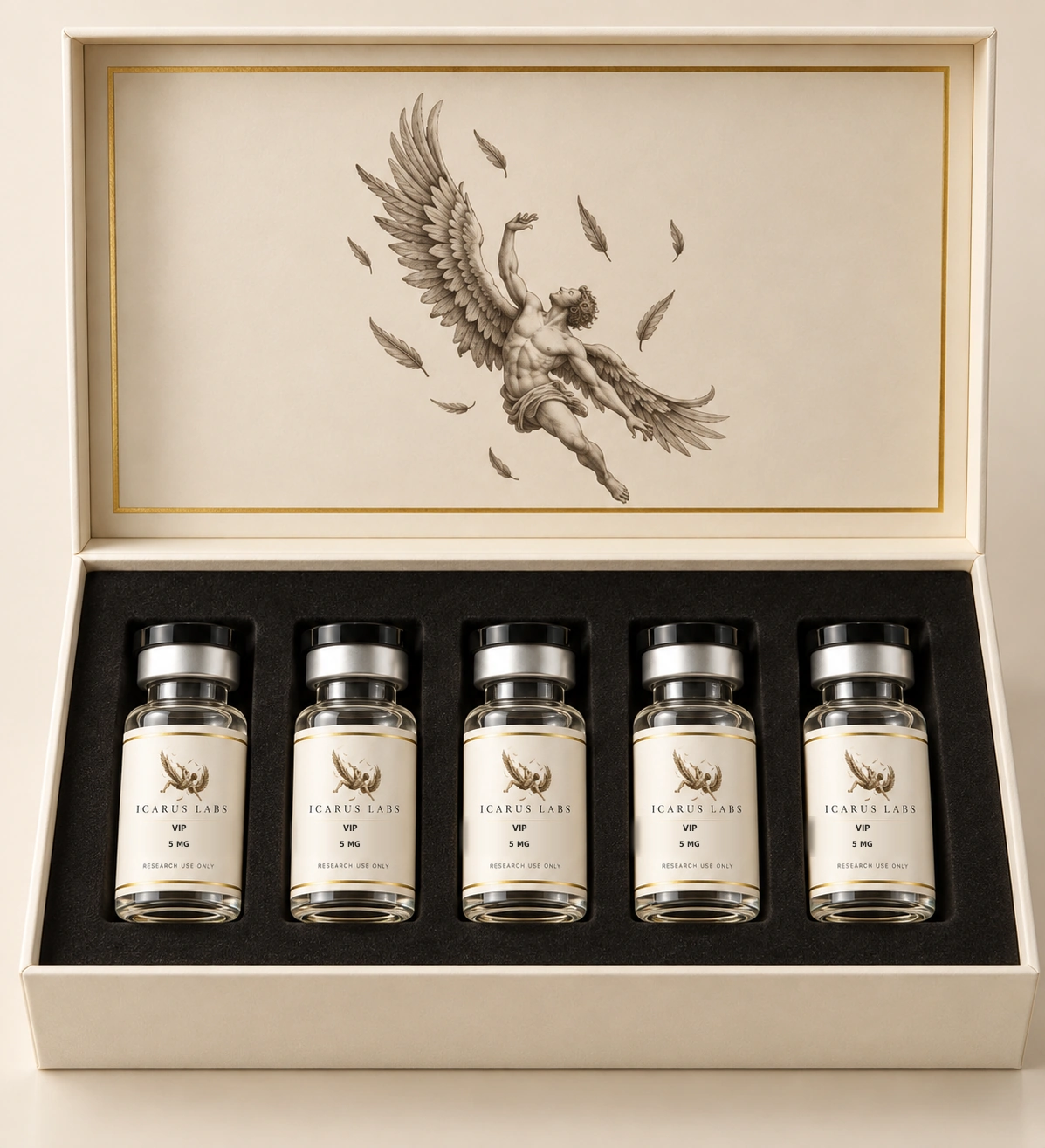 VIP 5 MG — open Icarus Labs magnetic presentation box holding five research vials